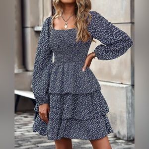 NWT BTFBM Women’s Square Neck Long Sleeve Floral Ruffle Mini Dress - Medium